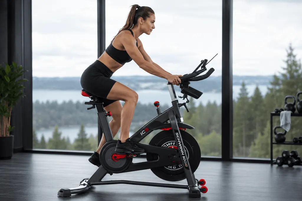 Nainen harjoittelee Schwinn IC8 -spinningpyörällä modernissa harjoittelutilassa. Kuvituskuva spinningpyörien vertailu- ja osto-oppaaseen.