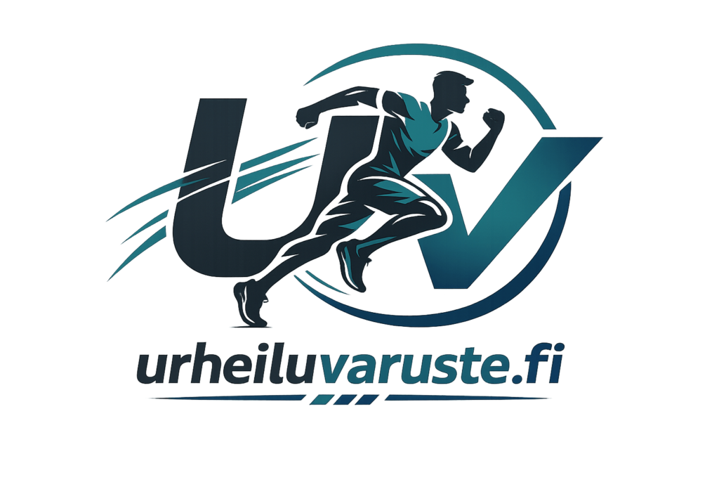Urheiluvaruste.fi-logo, jossa juokseva urheilija muodostaa osan UV-kirjainmerkkiä.