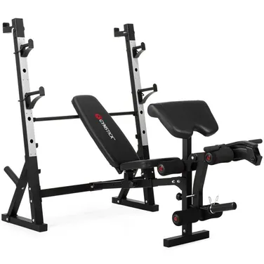 Gymstick WB8.0 monitoiminen painonnostopenkki säädettävällä selkänojalla, jalkalaitteella, Scott-hauispenkillä ja tankotelineellä.