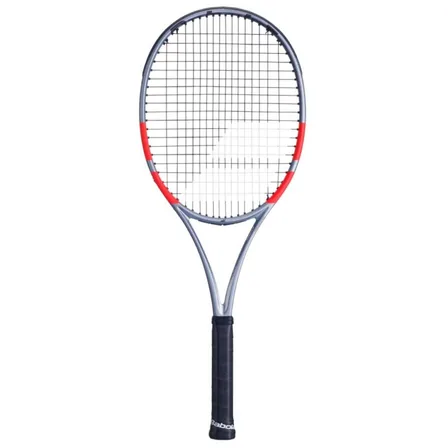 Harmaansininen Babolat Pure Strike 98 16x19 Gen4 -tennismaila punaisilla yksityiskohdilla ja mustalla gripillä.
