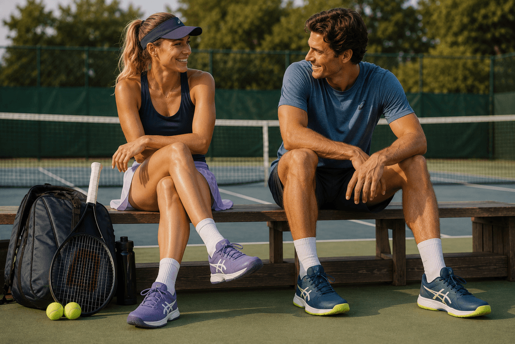 Nais- ja miespelaaja tenniskentällä tenniskengissä mailan, pallojen ja varustekassin kanssa.