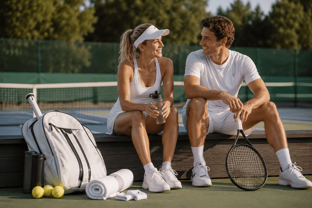 Kaksi tennispelaajaa istuu kentän laidalla tennismailan, pallojen, mailalaukun, juomapullojen ja pyyhkeiden kanssa.