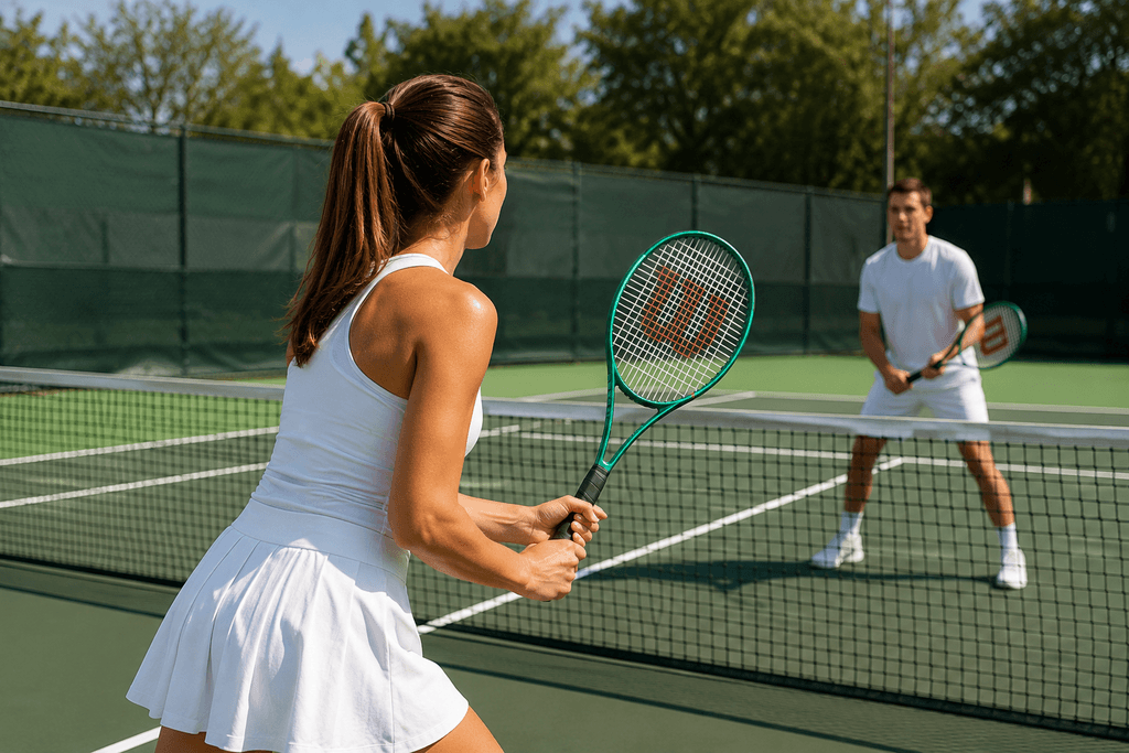 Nainen ja mies pelaavat tennistä vihreällä kentällä Wilson Blade V10 -tyylisillä vihreillä tennismailoilla.