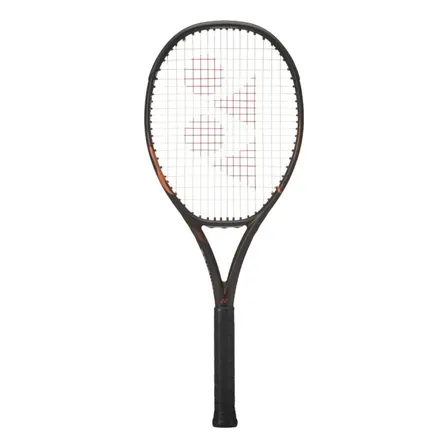 Tummanruskea Yonex EZONE 100 Espresso Brown -tennismaila mustalla gripillä ja 16x19-jännekuviolla valkoisella taustalla.